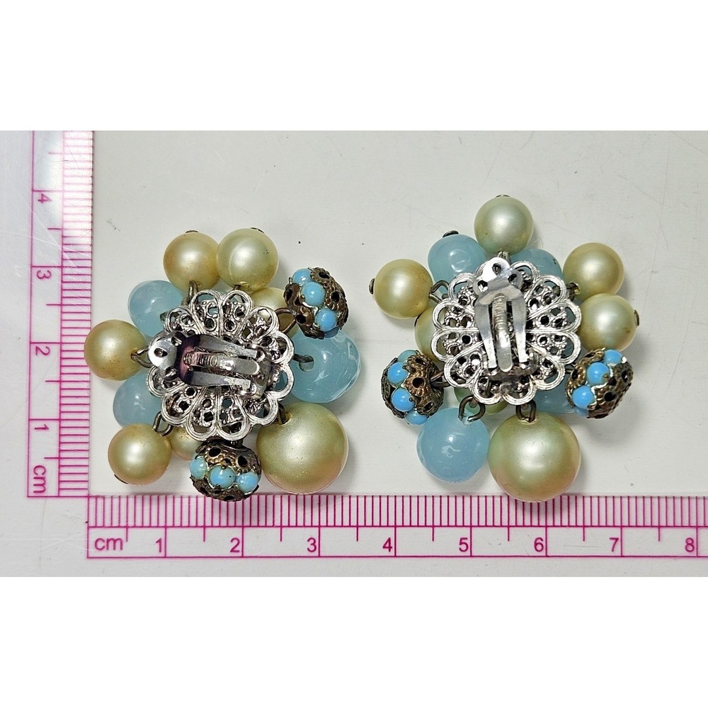 VTG DeMario NY Clip On Cha Cha Earrings Blue Glass Beads Filigree Silver Tone - Picture 10 of 13